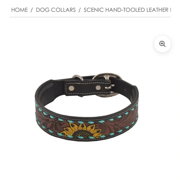 Myra Bag 100% Genuine Leather Hand-Tooled Dog Collar, Size M. Brown/Sunflower. - Picture 2 of 6